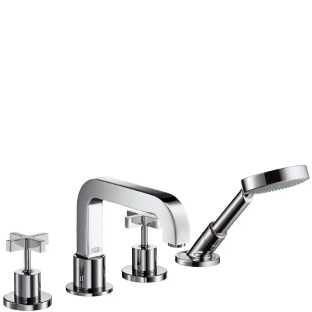Citterio 4-Loch Armatur mit Schweizer Kreuzgriffen und Rosetten in Chrom von AXOR, bestehend aus einem Wasserhahn und einer Handbrause.